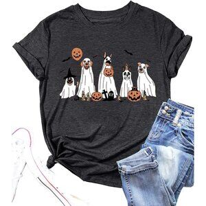 Women's Black Cotton Blend Halloween Ghost Retro Spooky Short Sleeve T Shirt